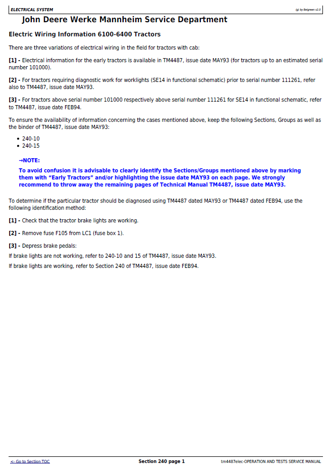 Complete John Deere 6100-6400 Tractor Electrical Testing Workshop Manual