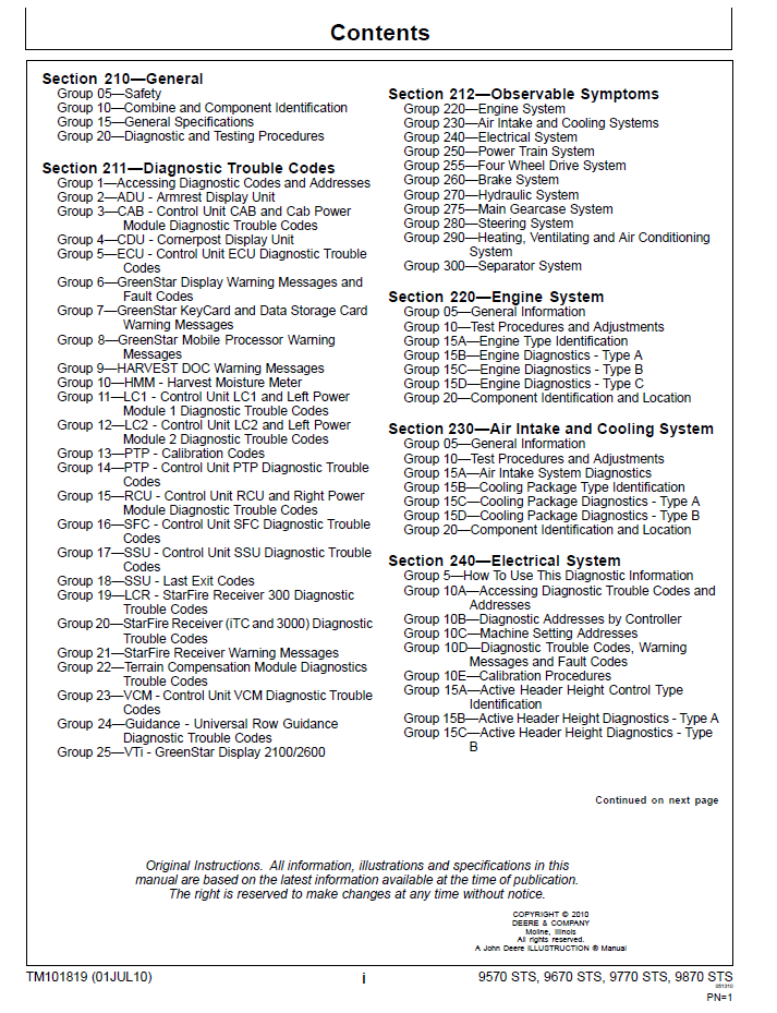 Complete John Deere STS Series Combine Troubleshooting Guide TM101819