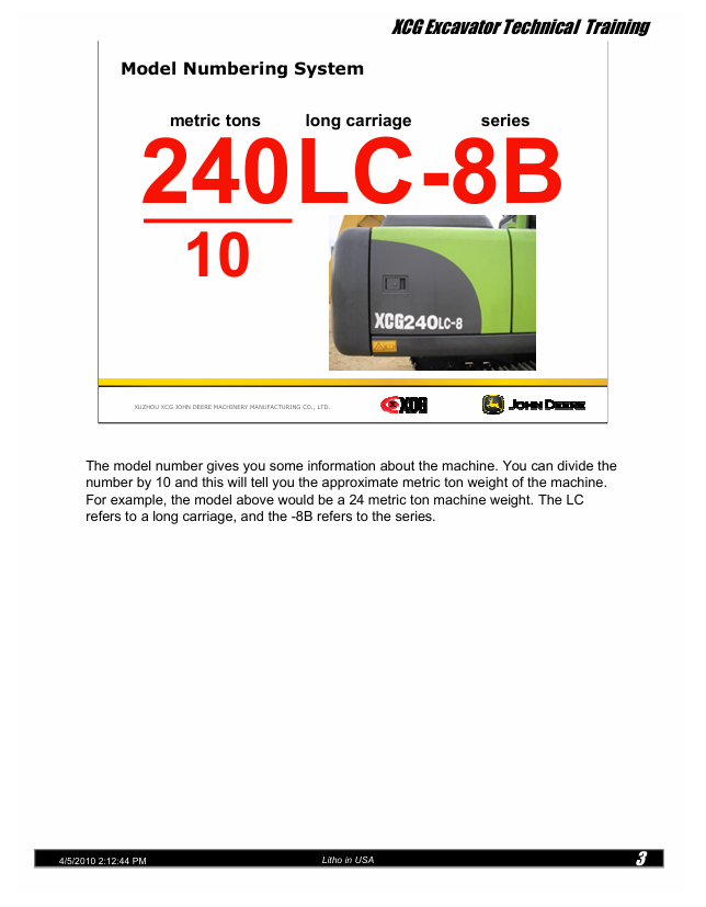 Complete John Deere XCG 210LC-8B Series Crawler Excavator Technical Training Manual