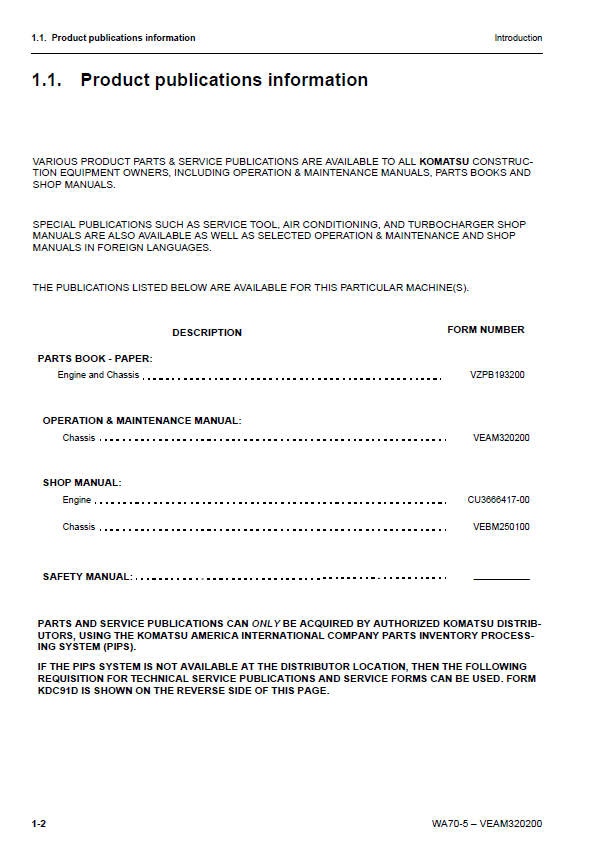 Complete Komatsu WA70-5 Wheel Loader Operator's Guide & Service Manual