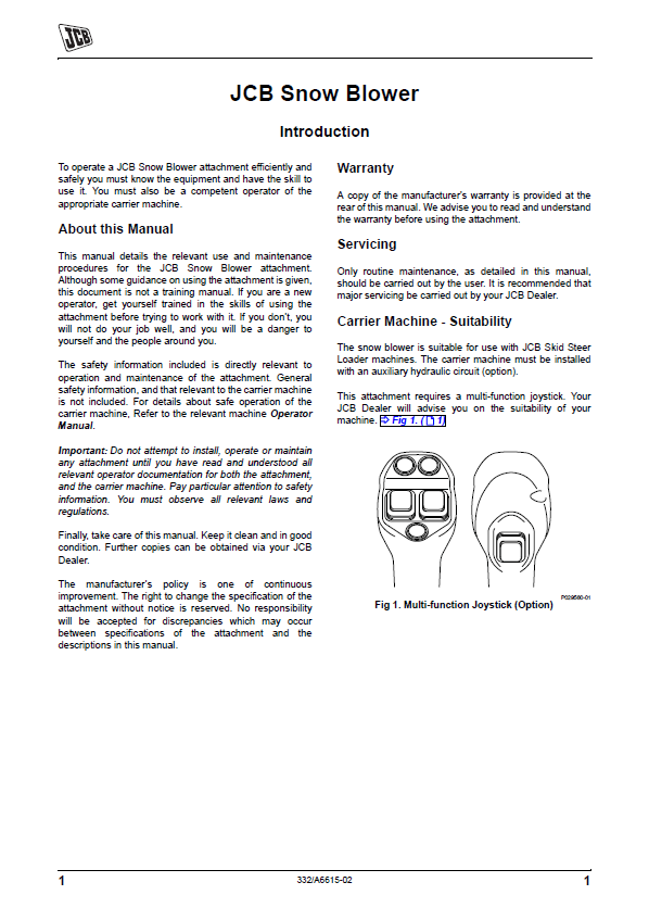Complete Operator Manual for JCB Snow Blower Equipment