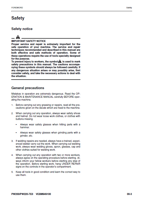 Complete Shop Manual for Komatsu PW200-7E0 & PW220-7E0 Excavators 