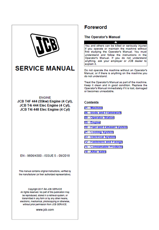 Comprehensive Service & Repair Guide for JCB T4F 444 & T4I 444/448 Engines