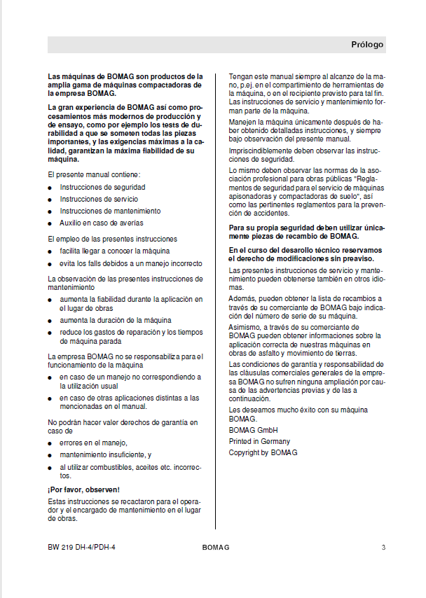 Download BOMAG BW 219 DH-4 PDH-4 Roller Manual (ES, 00804003)