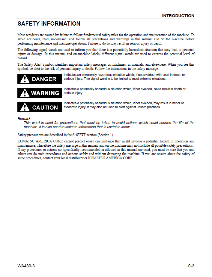 Download CEAM012704: Komatsu WA430-6 Wheel Loader Maintenance Manual
