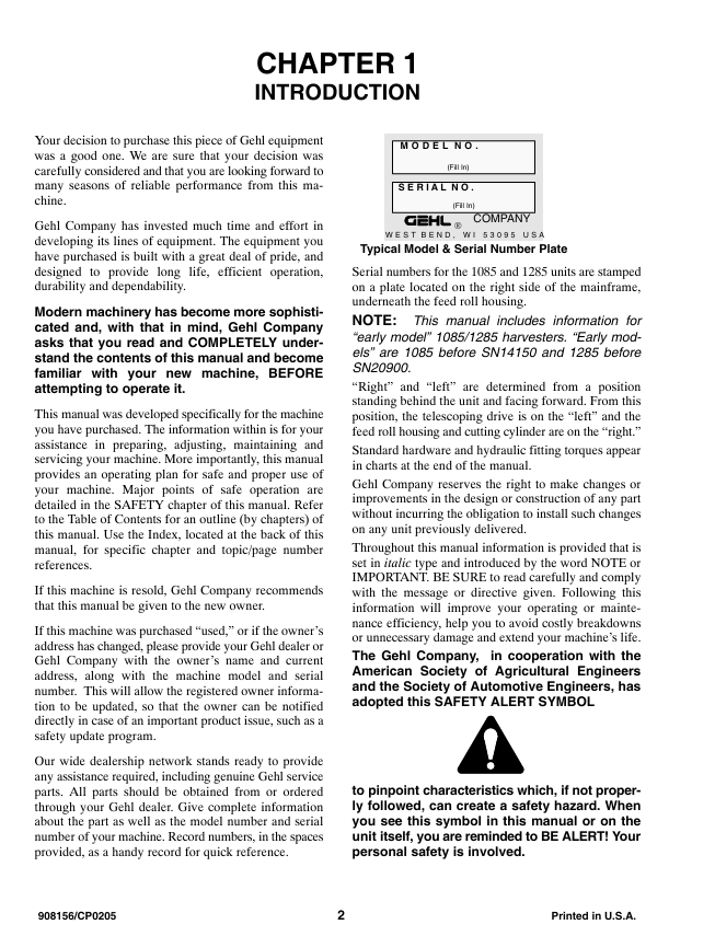 Download GEHL 1085 & 1285 Forage Harvester Operator Manual 908156 PDF