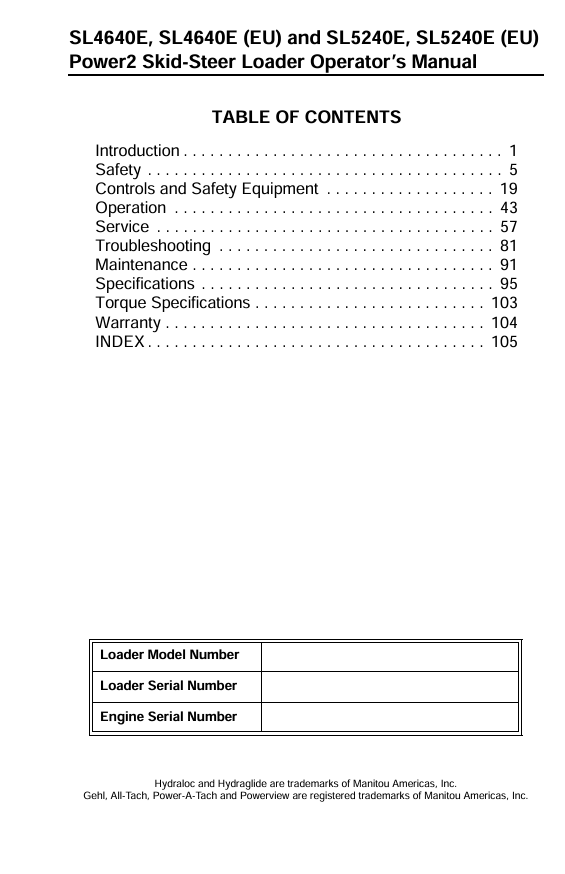 Download GEHL 50950012 POWER2 Skid-Steer Loader Manual PDF