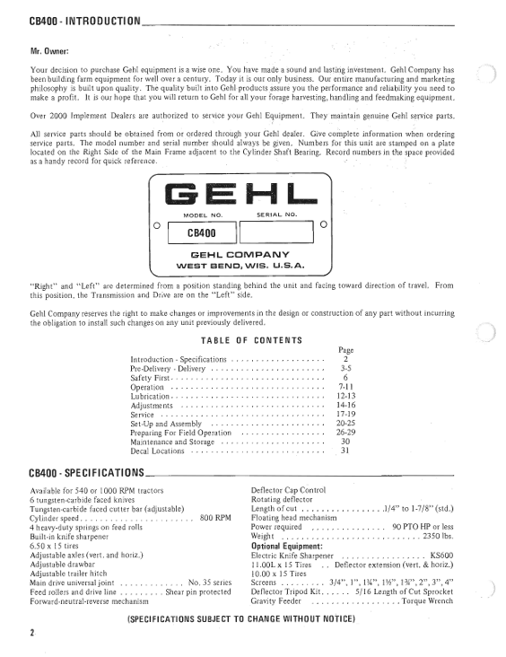 Download GEHL CB 400 Owner Manual 901557 Forage Harvester PDF
