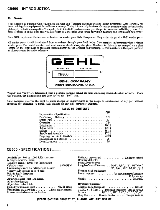 Download GEHL CB 600 Owner Manual 901558 Forage Harvester PDF