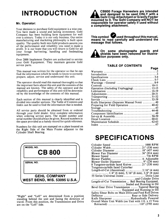 Download GEHL CB 800 Forage Harvester Owner's Manual 902207 PDF