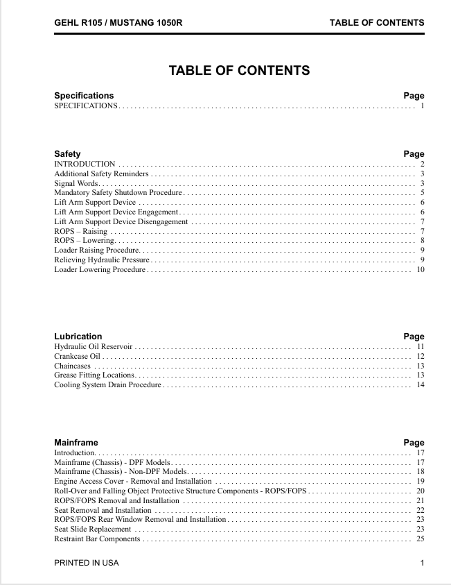 Download GEHL R105 & Mustang 1050R Service Manual 50950298 PDF