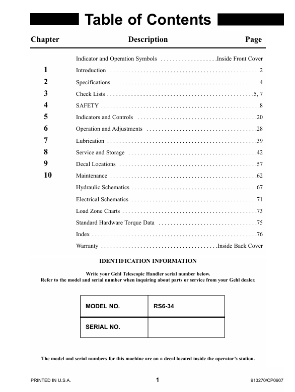 Download GEHL RS6-34 Telescopic Handler Manual 913270 PDF