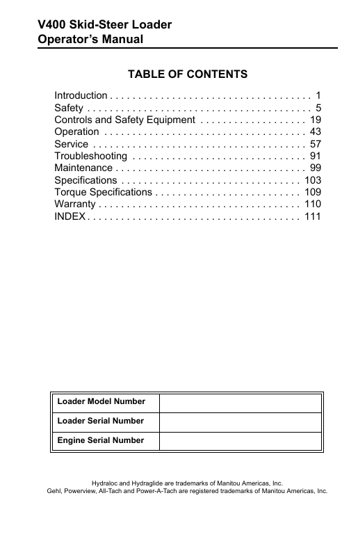 Download GEHL V400 Skid-Steer Loader Operator Manual PDF