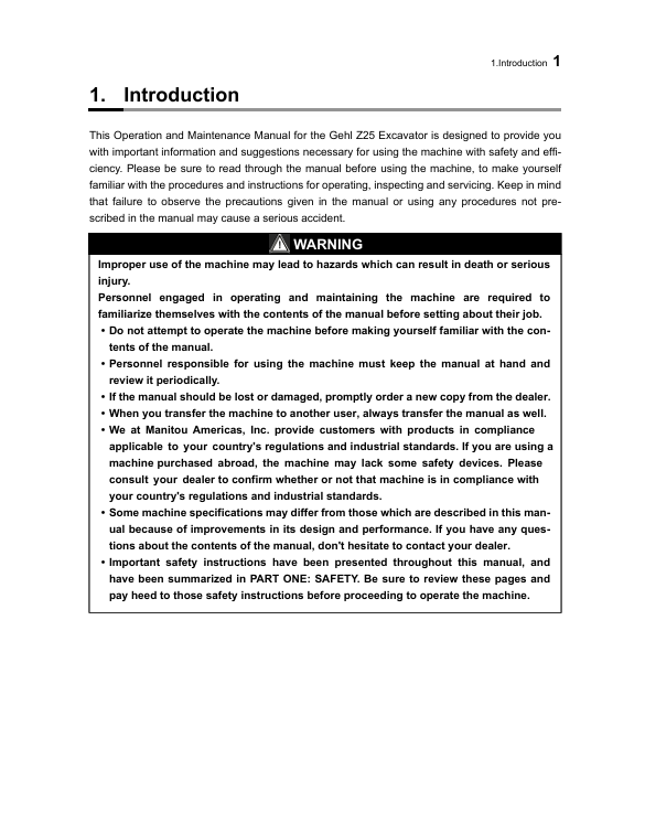 Download GEHL Z25 Excavator Operator Manual 50940254 PDF