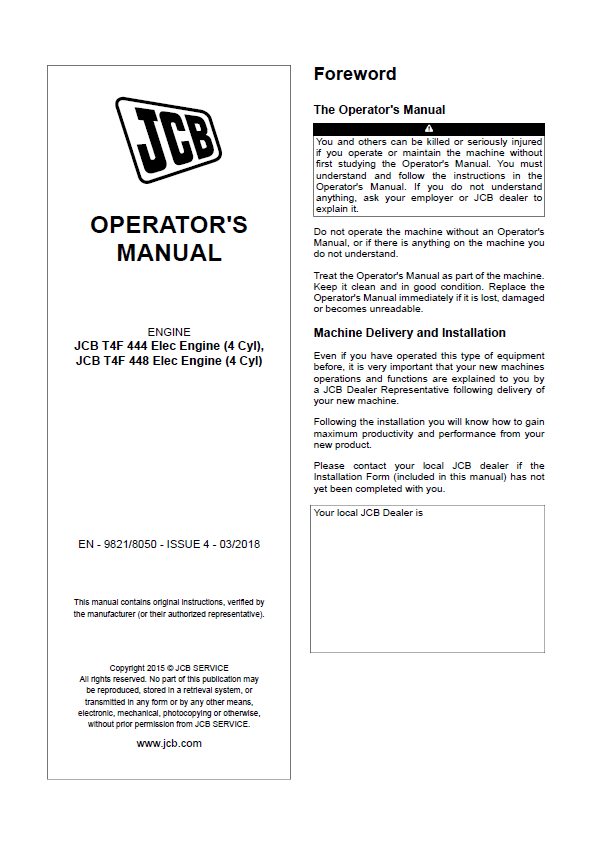 Download JCB 4-Cylinder T4F 444/448 Engine Operator Guide