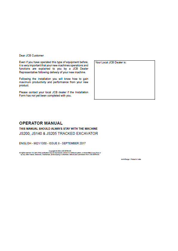 Download JCB JS200 JS140 JS205 Excavator Operator & Maintenance Manual