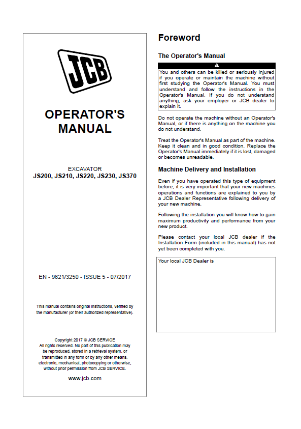 Download JCB JS200 to JS370 Excavator Operator Manual PDF