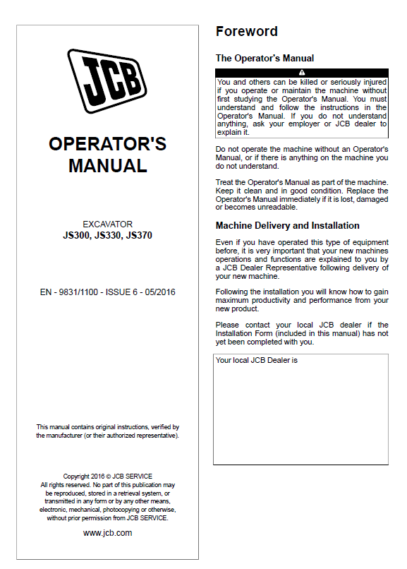 Download JCB JS300, JS330, JS370 Excavator Operator Manual