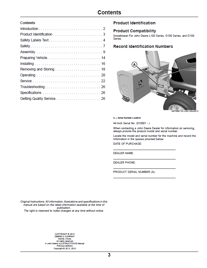 Download John Deere 100 Series Snowblower Manual OMM177515