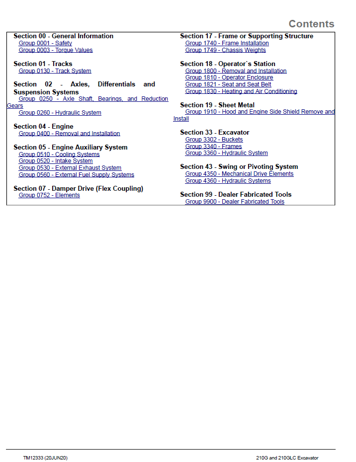 Download John Deere TM12333 210G Series Excavator Workshop Repair Guide
