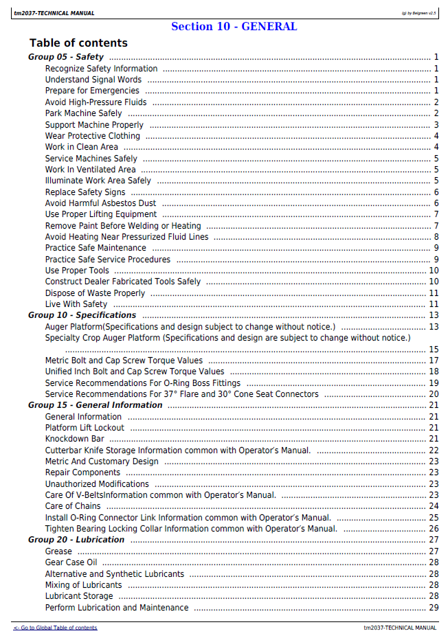 Download John Deere TM2037 Specialty Crop Platform Workshop Manual