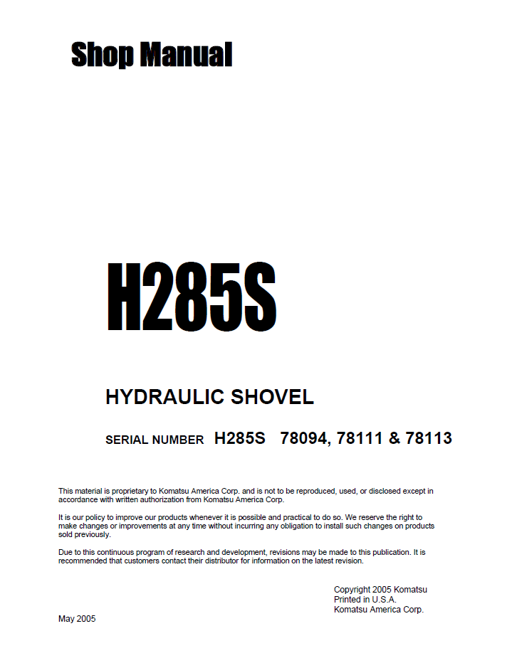 Download Komatsu H285S Hydraulic Shovel Workshop Manual H285S78094SM PDF