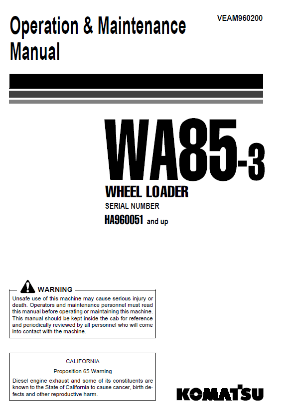 Download Komatsu WA85-3 Wheel Loader Operation & Maintenance Manual (PDF)