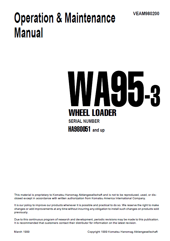 Download Komatsu WA95-3 Wheel Loader Operator & Service Manual [VEAM980200]