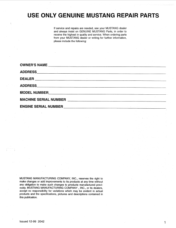 Download Mustang 2042 Skid Steer Parts Manual 008-12996 PDF