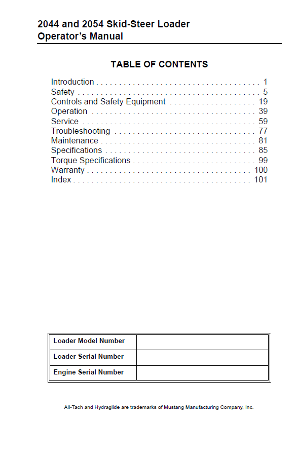 Download Mustang 2044 2054 Skid-Steer Loader Operator Manual 917099