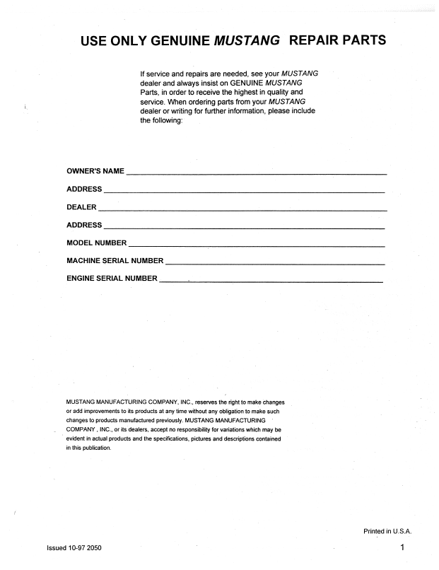 Download Mustang 2050 Skid Steer Parts Manual 001-48976 Complete PDF