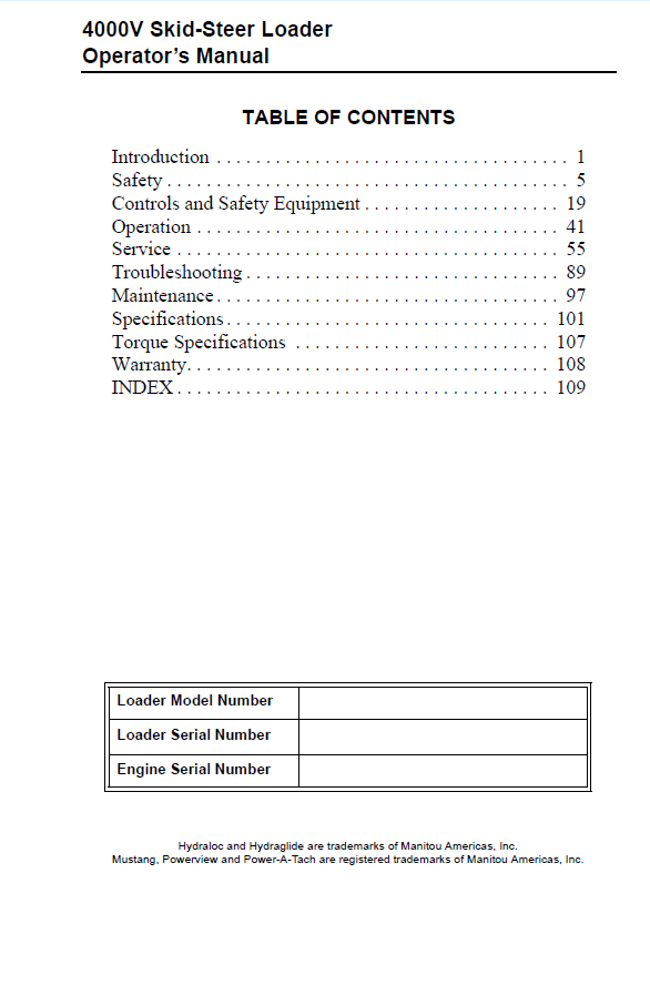 Download Mustang 4000V [EU] Skid-Steer Operator Manual 50950005