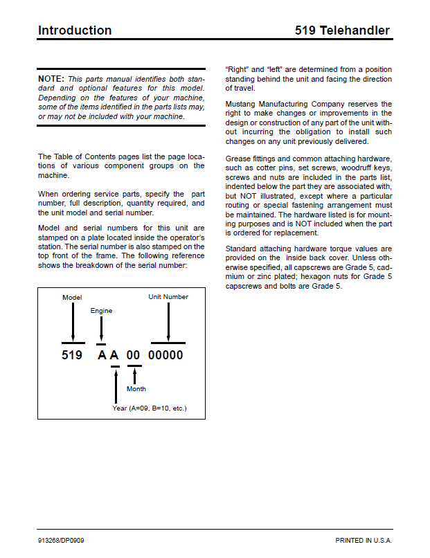 Download Mustang 519 Telehandler Parts Manual 913268 PDF