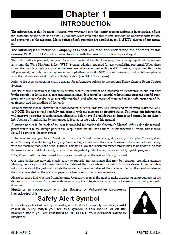Download Mustang 744, 944, 1155 Telehandler Operator Manual 913344