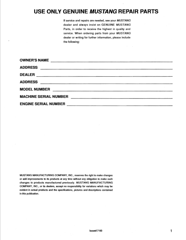 Download Mustang 921 Skid Steer Parts Manual 000-75935 PDF