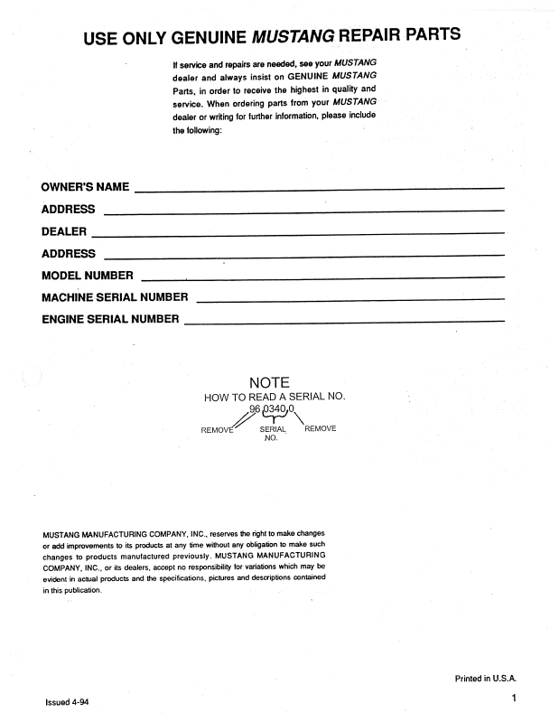 Download Mustang 960 Skid Steer Parts Manual 000-45884 Complete PDF