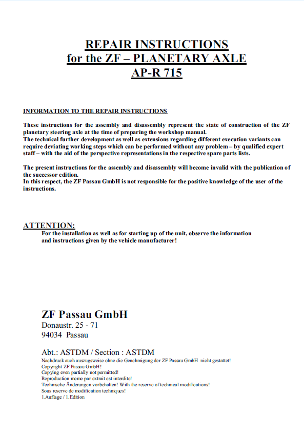Download Mustang AP-R 715 ZF Planetary Axle Repair Service Manual