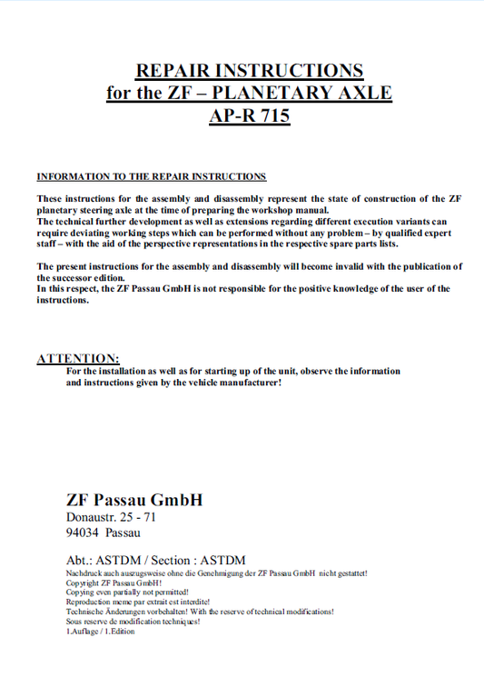 Download Mustang AP-R 715 ZF Planetary Axle Repair Service Manual
