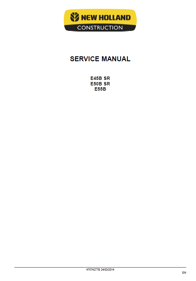 Download New Holland E45B E50B E55B Excavator Repair Manual - 47574277B PDF