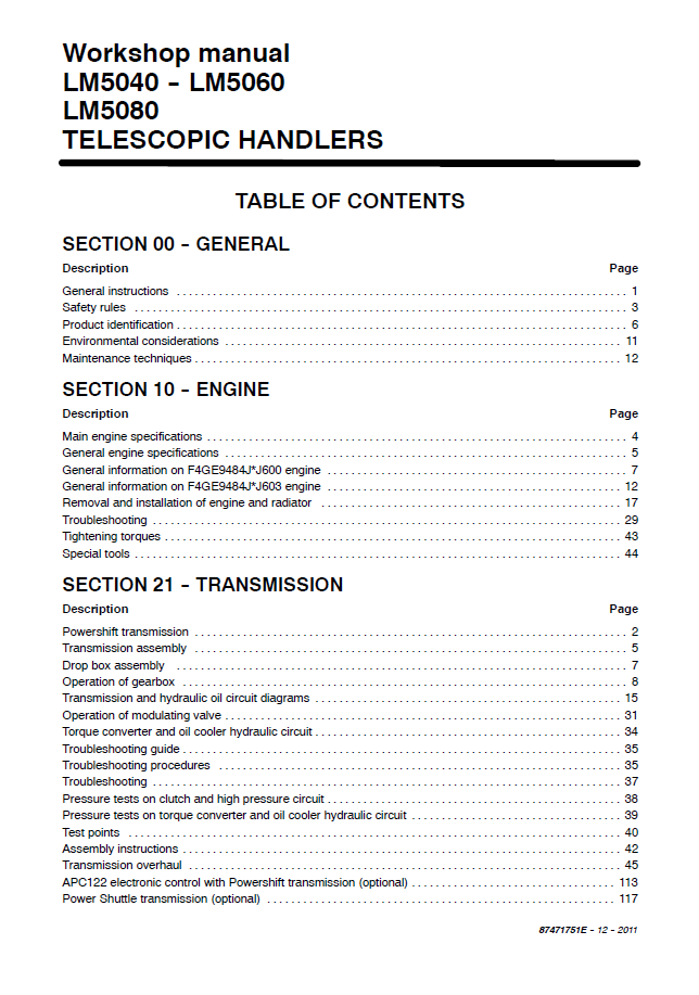 Download New Holland LM5040 LM5060 LM5080 Service Manual 87471751E PDF