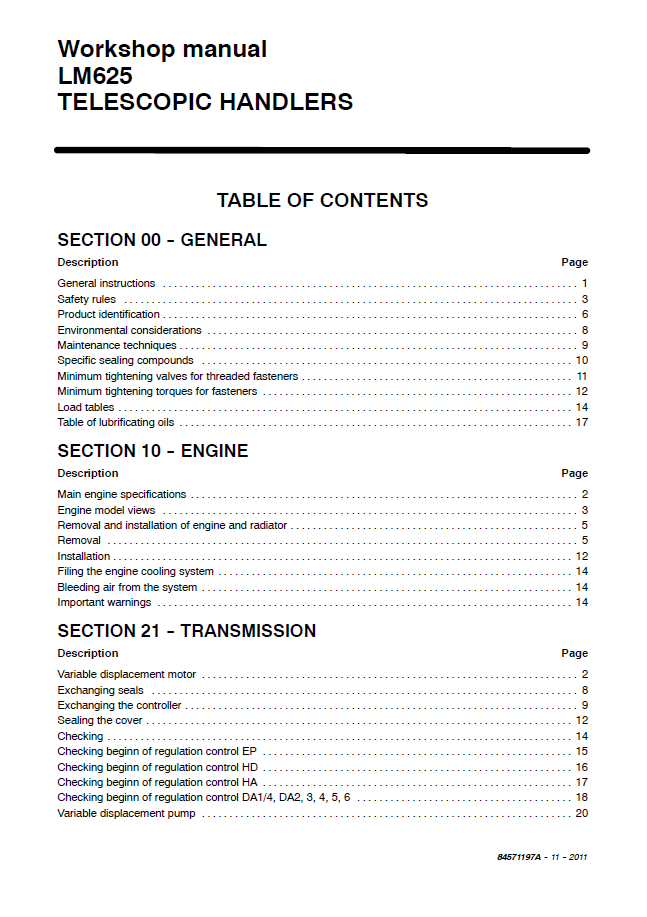 Download New Holland LM625 Telehandler Service Manual 84571197A PDF