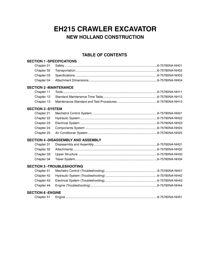 EH215 New Holland Crawler Excavator Repair & Service Manual 6-75780NA
