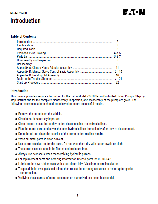 Eaton 72400 Servo Controlled Piston Pump Service & Repair Manual PDF Download