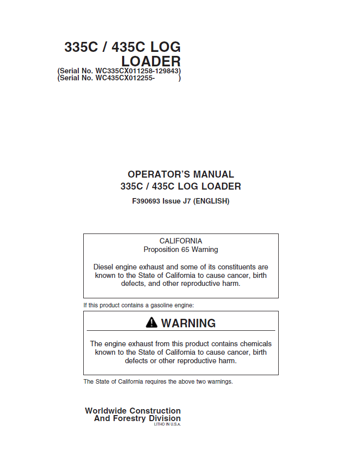 F390693 John Deere 335C/435C Log Loader Operator Manual PDF