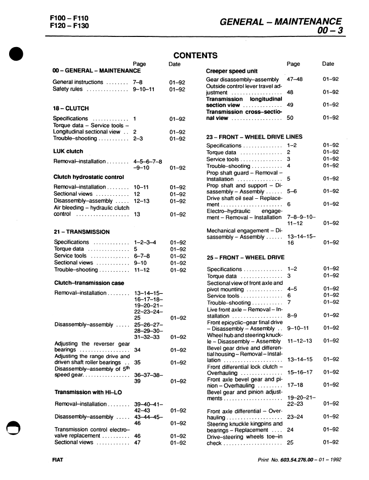 Fiat F100, F110, F120 & F130 Turbo Tractor Repair Manual 06910101 PDF
