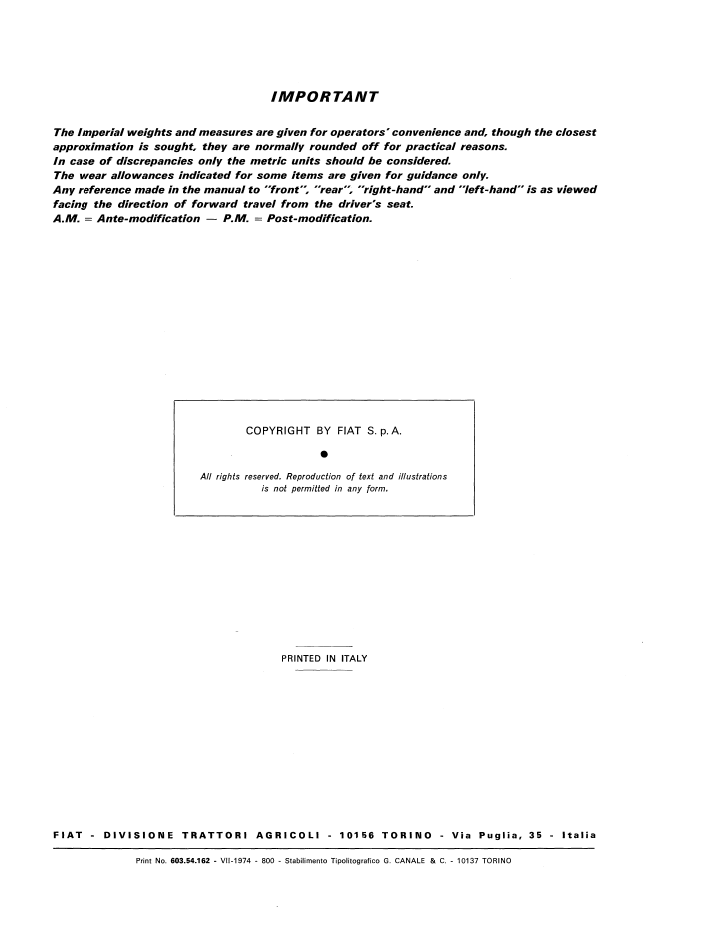 Fiat Trattori 355C 455C 505C 605C Tractor Manual 06910045