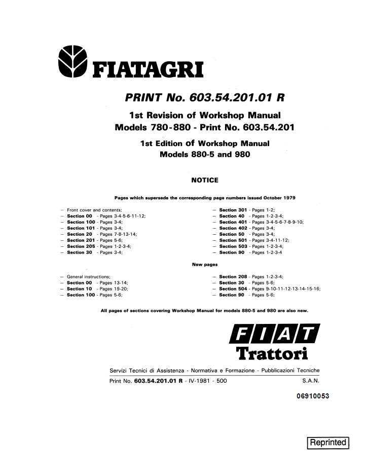 Fiat Trattori 780 DT 880 DT Tractor Workshop Service Manual 06910053