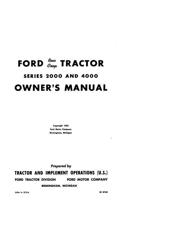 Ford 2000 4000 Row Crop Tractor Owner Manual 42400020 PDF