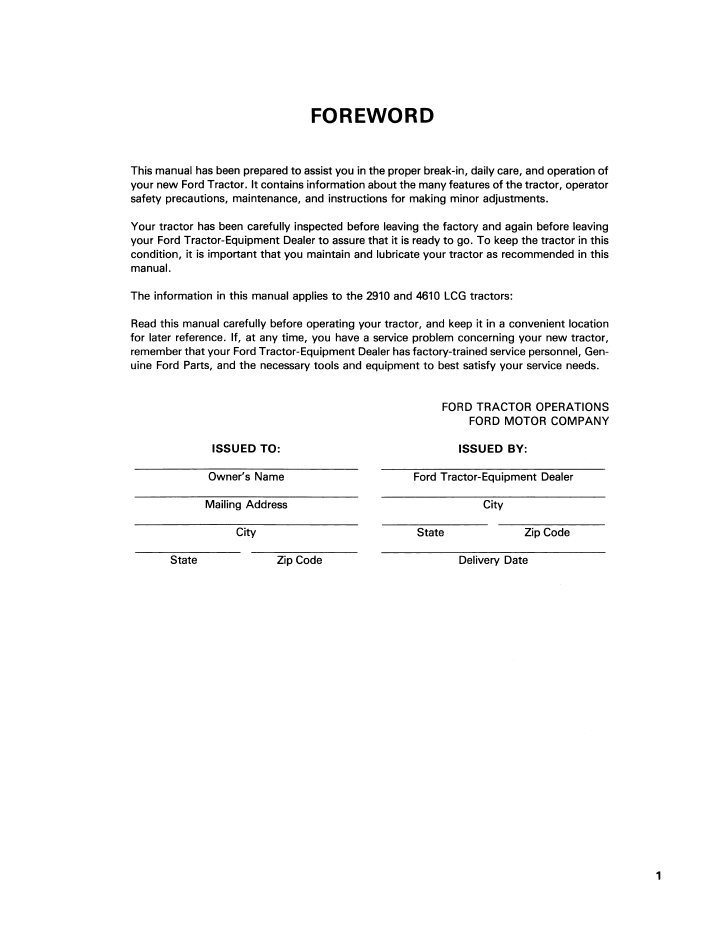 Ford 2910 LCG-4610 LCG Low Center Gravity Manual 42291010 PDF