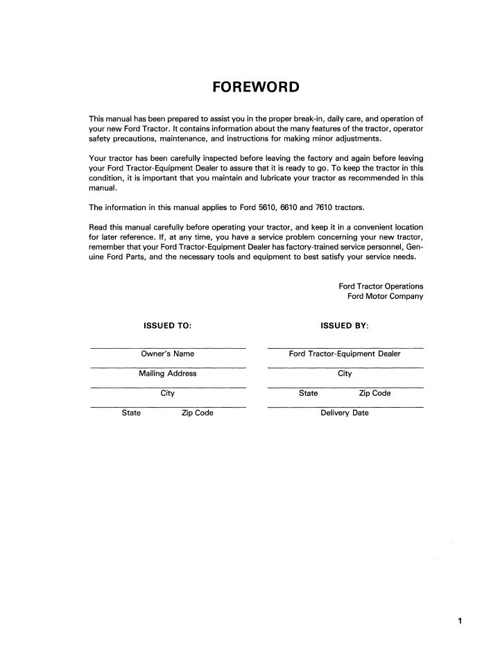 Ford 5610 6610 7610 Tractor Operator Manual 42561032 PDF